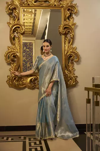 sky blue Tissue Shimmer With Zari Weaving Work Saree