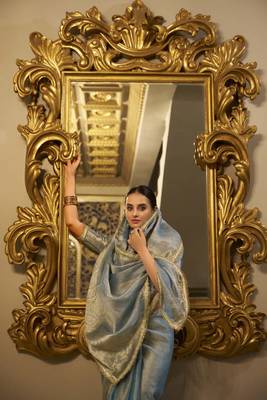 sky blue Tissue Shimmer With Zari Weaving Work Saree 5