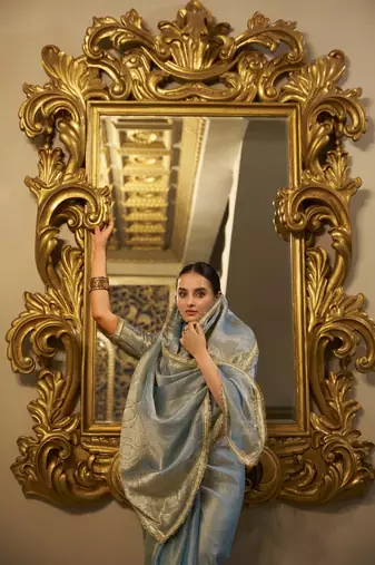sky blue Tissue Shimmer With Zari Weaving Work Saree