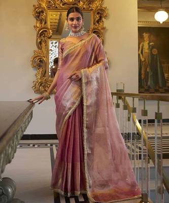 Light pink Tissue Shimmer With Zari Weaving Work Saree 1