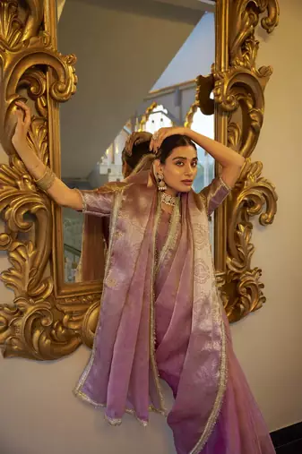 Light pink Tissue Shimmer With Zari Weaving Work Saree