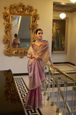 Light pink Tissue Shimmer With Zari Weaving Work Saree 4
