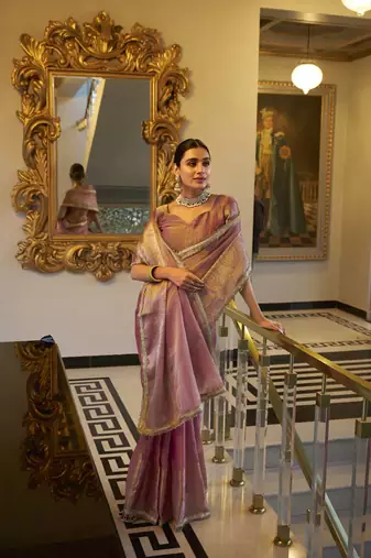 Light pink Tissue Shimmer With Zari Weaving Work Saree
