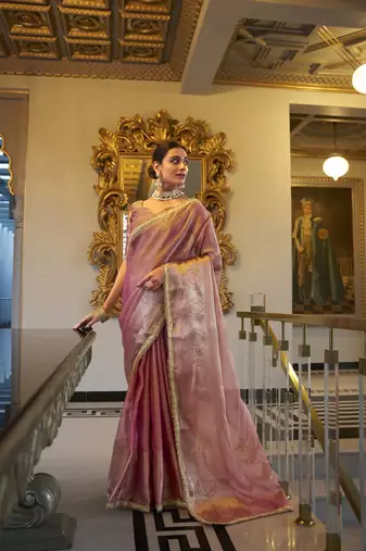 Light pink Tissue Shimmer With Zari Weaving Work Saree