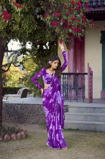 purple Chiffon With Floral Printed saree