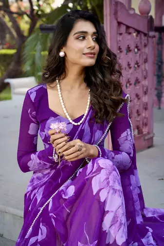 purple Chiffon With Floral Printed saree