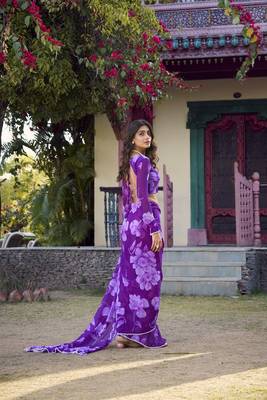 purple Chiffon With Floral Printed saree 3