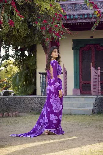 purple Chiffon With Floral Printed saree