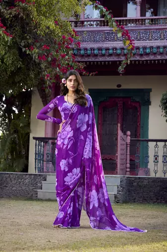 purple Chiffon With Floral Printed saree