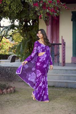 purple Chiffon With Floral Printed saree 5