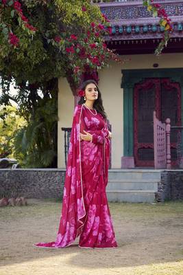 Pink Chiffon With Floral Printed saree 4