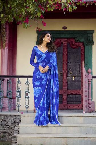 blue Chiffon With Floral Printed saree