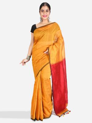 Cotton blend mustrad yellow handloom saree 1