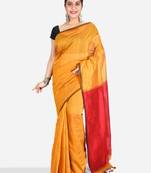 Cotton blend mustrad yellow handloom saree