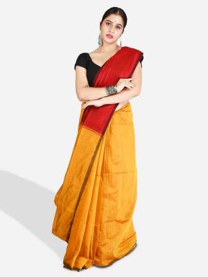 Cotton blend mustrad yellow handloom saree 2
