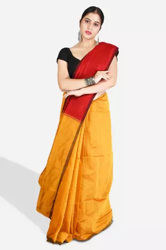 Cotton blend mustrad yellow handloom saree