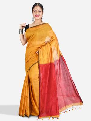 Cotton blend mustrad yellow handloom saree 3