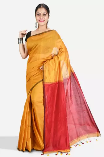 Cotton blend mustrad yellow handloom saree