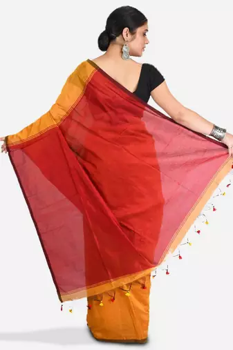 Cotton blend mustrad yellow handloom saree
