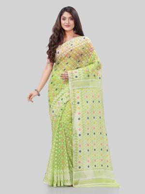Corton blend lime green jamdani saree 1