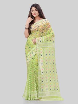 Corton blend lime green jamdani saree 2