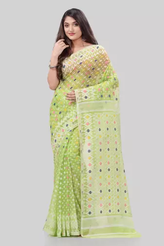 Corton blend lime green jamdani saree