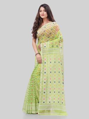 Corton blend lime green jamdani saree 3