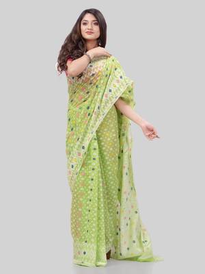 Corton blend lime green jamdani saree 4