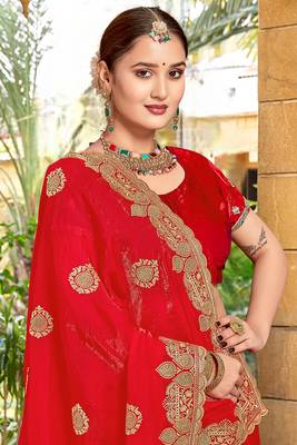 Red Zari Embroidered Two Tone Art Silk Saree With Matching Blouse Piece 2