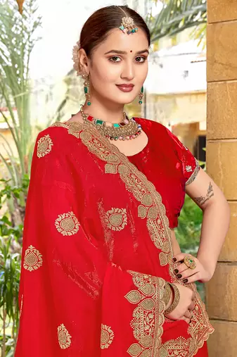 Red Zari Embroidered Two Tone Art Silk Saree With Matching Blouse Piece