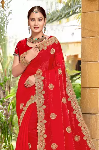 Red Zari Embroidered Two Tone Art Silk Saree With Matching Blouse Piece