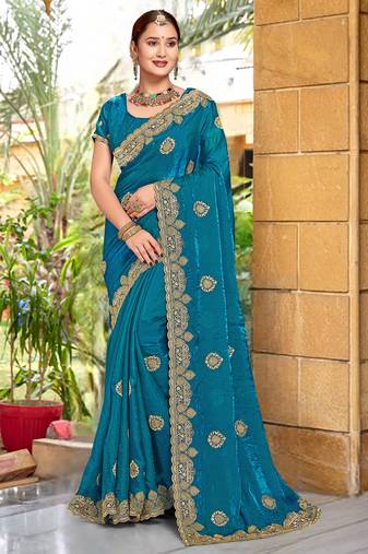 Teal Blue Zari Embroidered Two Tone Art Silk Saree With Matching Blouse Piece