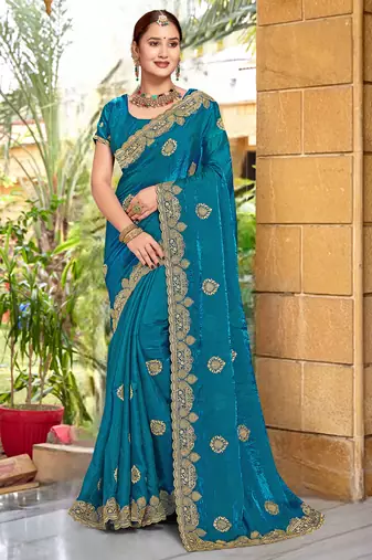 Teal Blue Zari Embroidered Two Tone Art Silk Saree With Matching Blouse Piece