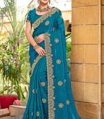 Teal Blue Zari Embroidered Two Tone Art Silk Saree With Matching Blouse Piece