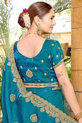 Teal Blue Zari Embroidered Two Tone Art Silk Saree With Matching Blouse Piece 2