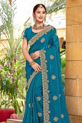Teal Blue Zari Embroidered Two Tone Art Silk Saree With Matching Blouse Piece 3