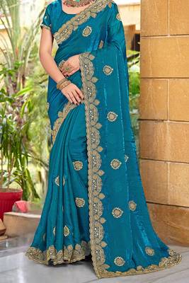 Teal Blue Zari Embroidered Two Tone Art Silk Saree With Matching Blouse Piece 4