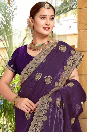 Purple Zari Embroidered Two Tone Art Silk Saree With Matching Blouse Piece