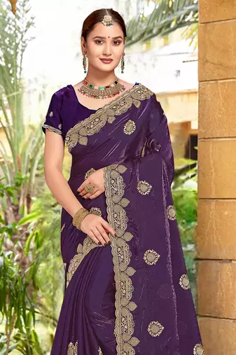 Purple Zari Embroidered Two Tone Art Silk Saree With Matching Blouse Piece