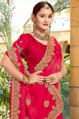 Magenta Zari Embroidered Two Tone Art Silk Saree With Matching Blouse Piece