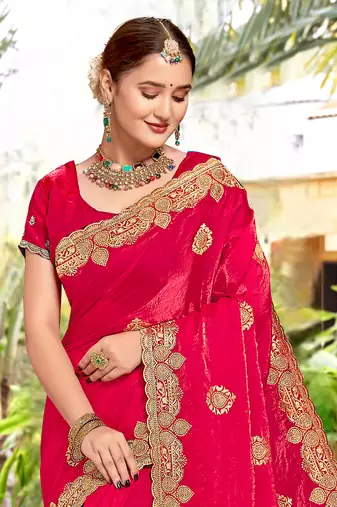 Magenta Zari Embroidered Two Tone Art Silk Saree With Matching Blouse Piece