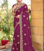 Wine Zari Embroidered Two Tone Art Silk Saree With Matching Blouse Piece