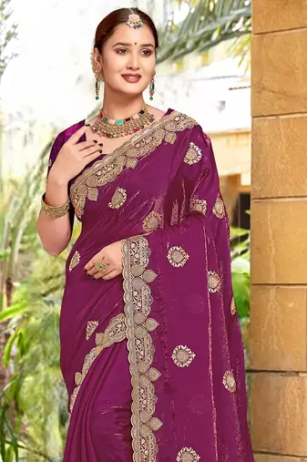 Wine Zari Embroidered Two Tone Art Silk Saree With Matching Blouse Piece