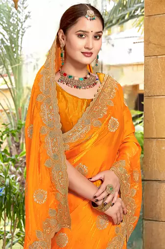Mustard Zari Embroidered Two Tone Art Silk Saree With Matching Blouse Piece