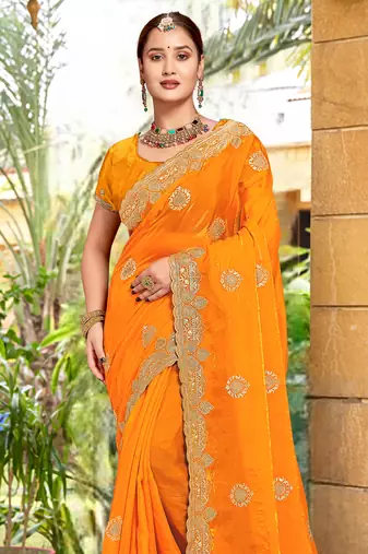 Mustard Zari Embroidered Two Tone Art Silk Saree With Matching Blouse Piece
