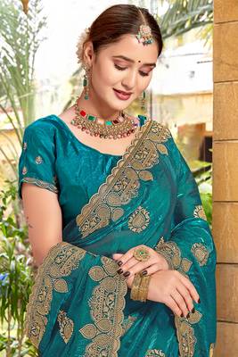 Turquoise Zari Embroidered Two Tone Art Silk Saree With Matching Blouse Piece 2