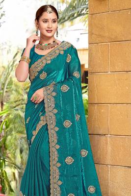 Turquoise Zari Embroidered Two Tone Art Silk Saree With Matching Blouse Piece 3