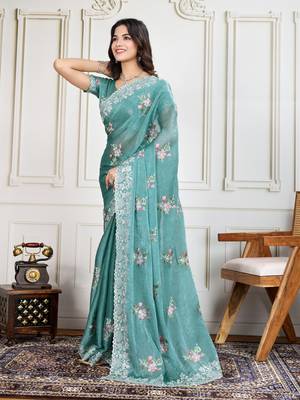 Sky-Blue Thread And Sequins Embroidered Soft Crunchy Silk Saree 3