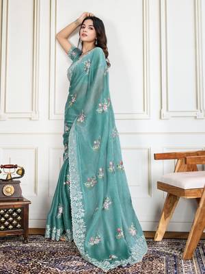Sky-Blue Thread And Sequins Embroidered Soft Crunchy Silk Saree 4