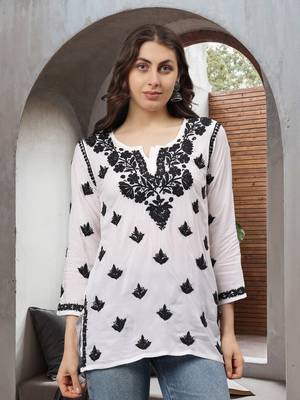 White hand embroidered modal lucknowi chikankari kurti 1